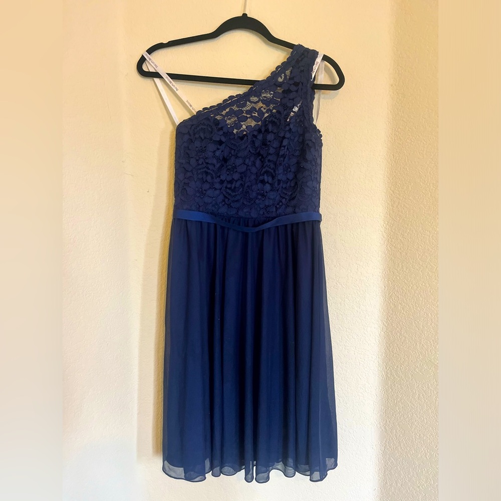 Dark blue David's Bridal one shoulder dress